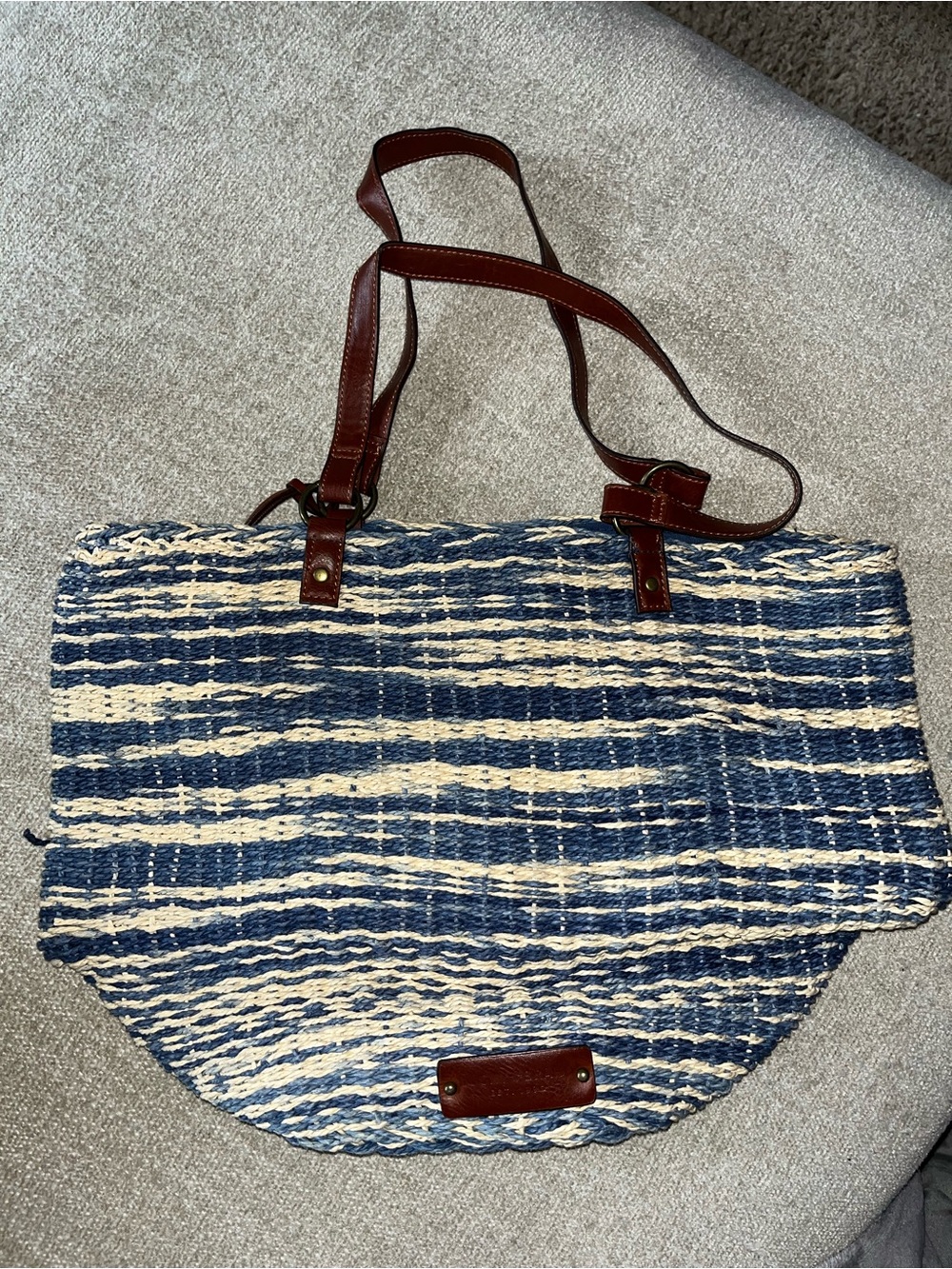Lucky Brand Navy and Cream Striped Woven Tote with Brown Leather Straps